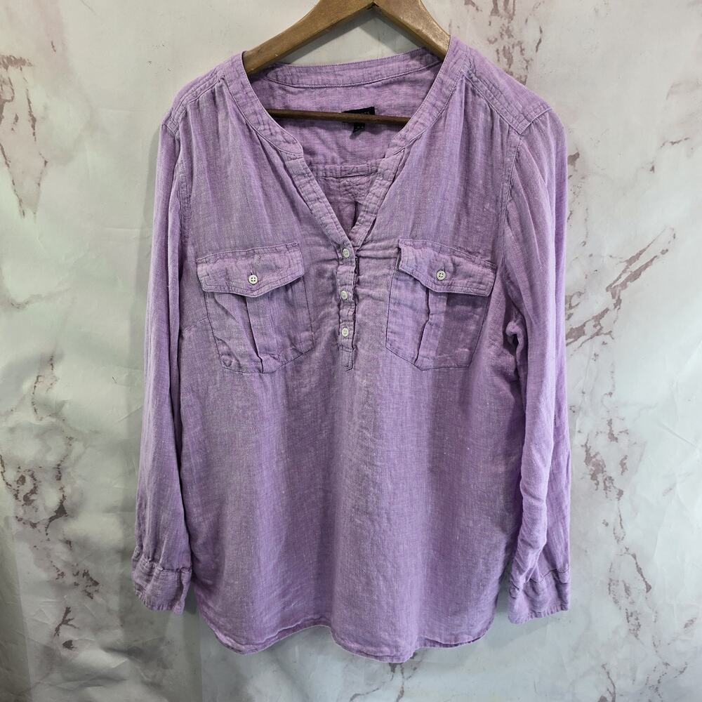 Talbots Shirt Womens XL Purple Linen Button Up Long Sleeve Roll Up Notch